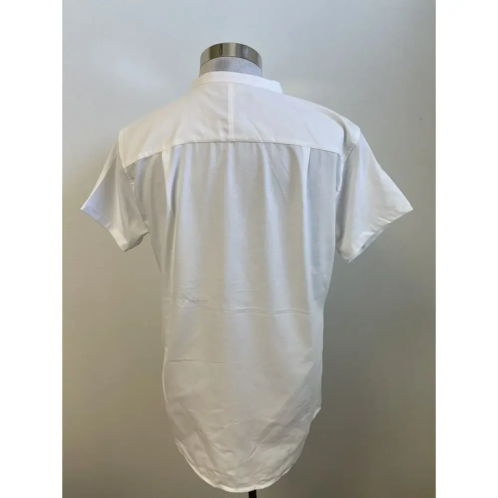 SikSilk Shirt Mens Medium Button Up Solid White Sik Silk Short Sleeve Cotton N38